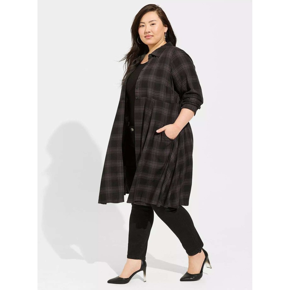 Torrid NWOT Women's 1X Button Front Collared A-Line Shirt Kimono in Shadow Plaid